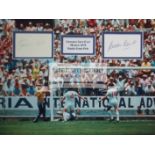 Pele & Gordon Banks double-signed 1970 World Cup "Greatest Save" photographic display, 12 by 16in.