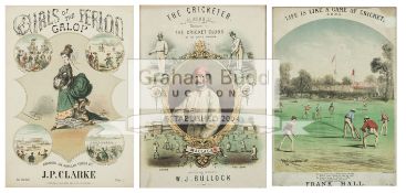 Two illustrated Victorian sheet music covers featuring cricket songs,