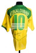 Brazil No.10 replica home jersey signed by Ronaldinho, signed to the reverse below the No.