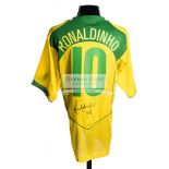 Brazil No.10 replica home jersey signed by Ronaldinho, signed to the reverse below the No.