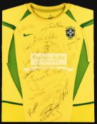 Brazil replica jersey signed by the 2002 World Cup winners, signatures in black marker pen, Cafu,