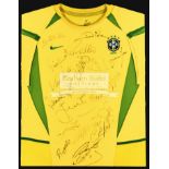 Brazil replica jersey signed by the 2002 World Cup winners, signatures in black marker pen, Cafu,