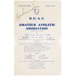 A Roger Bannister signed programme for his historic sub-4 minute mile run at Iffley Road Athletic