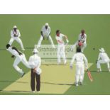 An original gouache by the Bajan artist Pierre Nigel depicting a West Indies v Australia Test Match,