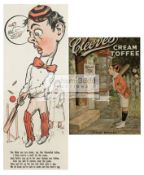 Two early 20th century cricket prints, an advertisement for Cleeves Cream Toffee,