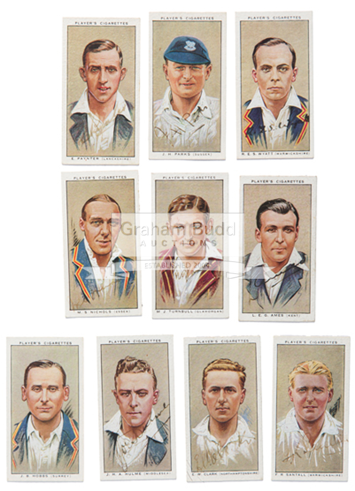 Ten signed cigarette cards from Players Cricketers 1934, comprising Ames, Santall, Hulme, Paynter,