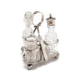 Silver plated three bottle cruet set, crossed cricket bats forming a tripod frame,