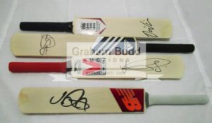 A group of four mini-bats signed by the current England cricketers Joe Root, Jonny Bairstow,