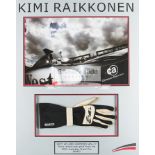 Kimi Raikkonen signed 2002 Australian Grand Prix race glove, mounted below an 11 by 17in.