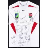 Signed England 2003 Rugby World Cup replica jersey, signed in black marker pen, Johnson, Wilkinson,