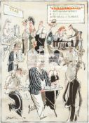 Original cartoon artwork by John Jensen titled "Cricket Books", signed, pen & ink & watercolour,