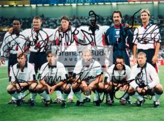 Fully-signed photograph of the England team who played Romania at the 1998 World Cup, 8 by 10in.