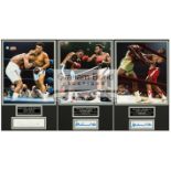 A fine trio of Muhammad Ali signed photographic displays for the three Championship fights v Joe