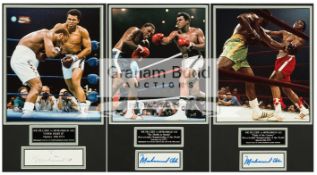 A fine trio of Muhammad Ali signed photographic displays for the three Championship fights v Joe