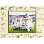 Signed photograph of the Australian 2001 Ashes Series winning cricket team, a central 8 by 10in.