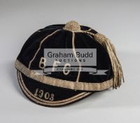 A black Bath rugby football club cap dated 1903 A similar cap is illustrated in the Bath club