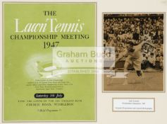 Jack Kramer signed 1947 Wimbledon framed display, comprising a signed 8 by 6in.