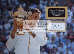 Roger Federer signed and Wimbledon Champion photographic display, 12 by 16in.