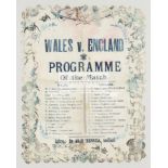 Scarce souvenir programme for the Wales v England rugby union international played at Cardiff Arms