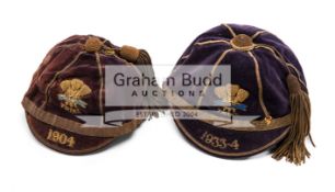 Two Wales Rugby Football Union International Trial caps, the first dated 1904 and named to G.