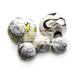 Five autographed footballs, two full-size, three mini balls, all similarly signed,