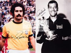 Signed photographs of the Brazil 1970 World Cup winning footballers Carlos Alberto and Rivelino,