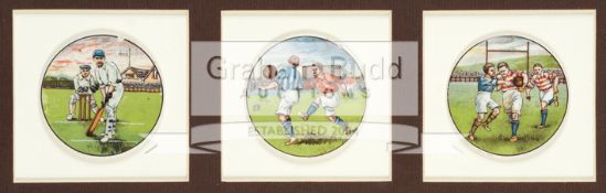 A group of three enamelled pot lids decorated with rugby, cricket and football scenes circa 1920,