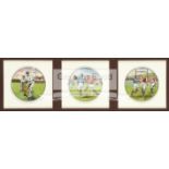 A group of three enamelled pot lids decorated with rugby, cricket and football scenes circa 1920,