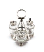 A Victorian cricket-themed cruet set circa 1890, silver plate & cut-glass,