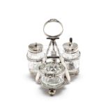 A Victorian cricket-themed cruet set circa 1890, silver plate & cut-glass,