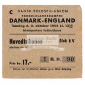 Denmark v England international football ticket 2nd October 1955, Played at Idraetsparken,