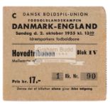 Denmark v England international football ticket 2nd October 1955, Played at Idraetsparken,