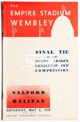 Rugby League Challenge Cup Final programme Salford v Halifax played at Wembley Stadium 6th May 1939,