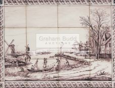 A Dutch tile picture featuring kolf being played on a frozen canal circa 1800, red-brown glaze,