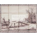 A Dutch tile picture featuring kolf being played on a frozen canal circa 1800, red-brown glaze,