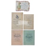 Five menus for the Annual Dinners of The Pioneer Cricket Club, London, for 1904, 1905, 1906,