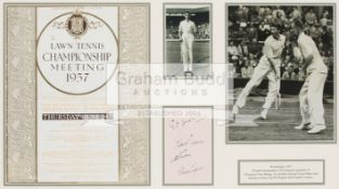 1937 Wimbledon framed display including the autographs of the men's doubles champions Don Budge &