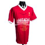 Signed Terry McDermott Liverpool FC commemorative shirt, signed in black marker pen,