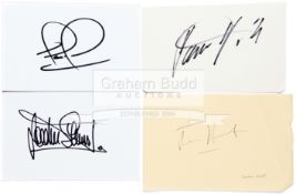 Autographs of four British motor racing world champions: Jackie Stewart, James Hunt,