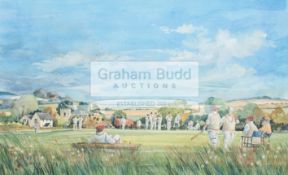 Original watercolour by Hugh Cushing circa 1995 portraying an idyllic English village cricket scene,