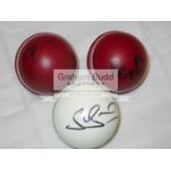 A group of six leather cricket balls signed by current England players Chris Woakes, James Anderson,