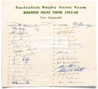 Official autograph sheet for the Australian Rugby Union Team British Isle Tour 1957-58,