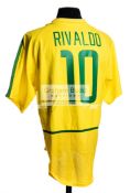 Brazil No.10 replica home jersey signed by Rivaldo, signed to the reverse besides the No.