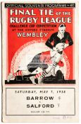 Rugby League Challenge Cup Final programme Barrow v Salford played at Wembley Stadium 7th May 1938,