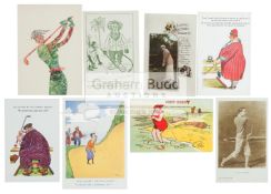 Collection of 59 golf postcards, comical, adverts, real photographs, Lloyd Hughes, USA, glamour,