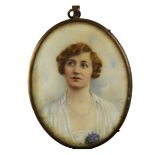 Miniature of Muriel Brandon. 3 x 2.5 ins. Oval, Oil on Ivory, Signed E.Wells and Dated 1917.