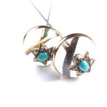 Pair of yellow gold rock crystal, turquoise and diamond hat pins.