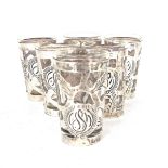 A set of six Mexican sterling silver and clear glass tot cups. Struck marks beneath.