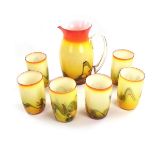 A set of six European coloured glass drinking cups and jug. Jug: height. 7.9 in (20 cm) Cups: 4.