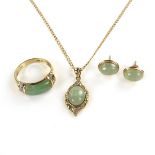 9 ct yellow gold jade and diamond ring, necklace and earrings.